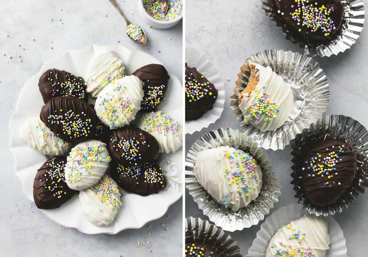 side by side images of copycat Reese's creamy peanut butter eggs on a plate with a spoon and bowl of sprinkle sea din cupcake liners with one egg missing a bite.