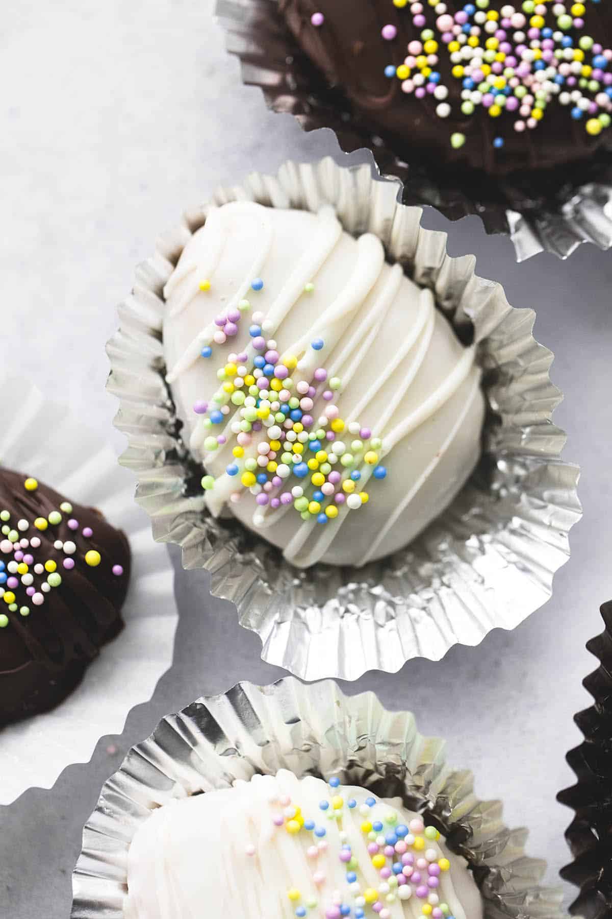 close up of copycat Reese's creamy peanut butter eggs in cupcake liners.