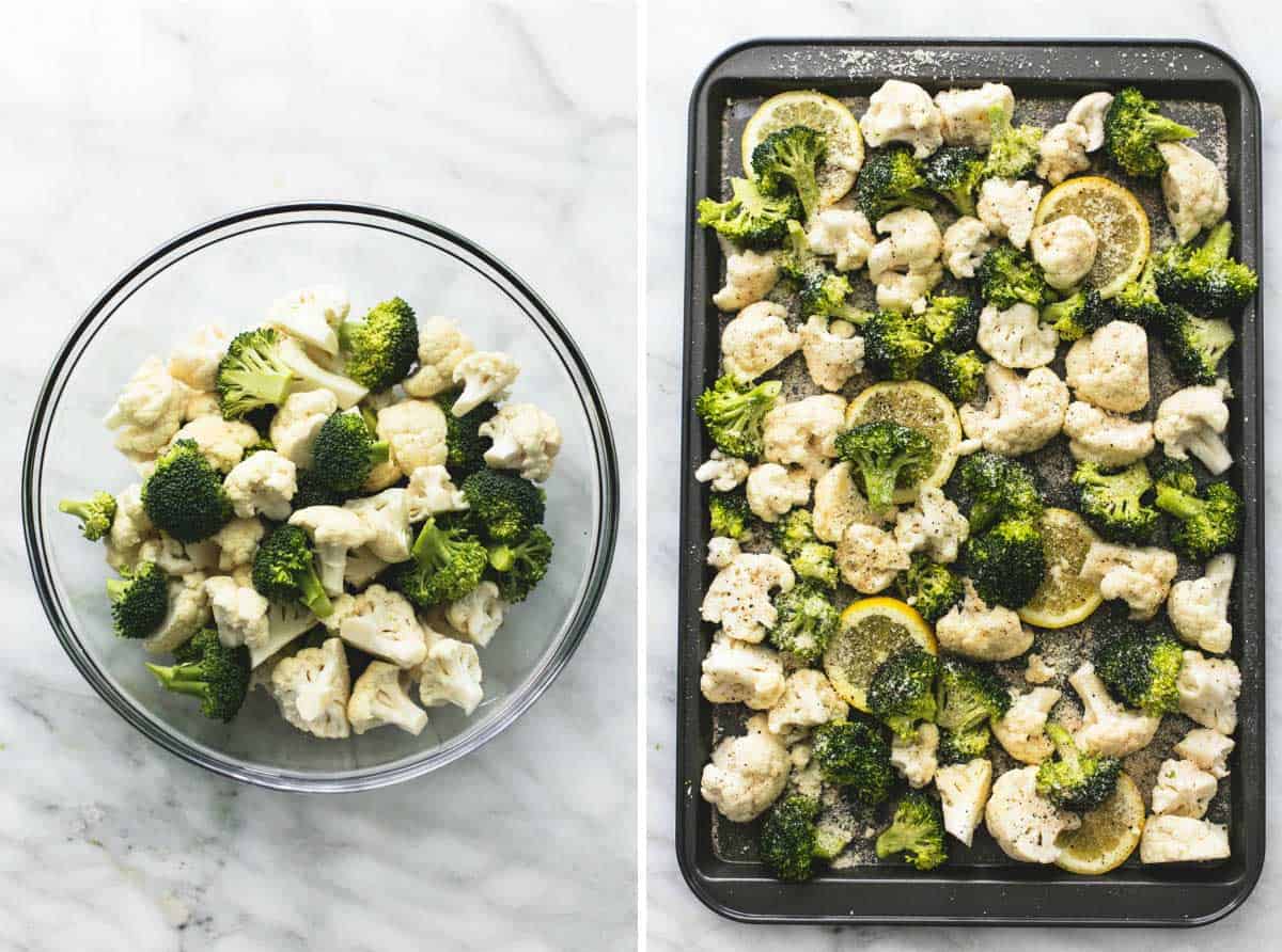 side by side images of broccoli and cauliflower in a glass bowl and roasted lemon garlic broccoli & cauliflower on a baking sheet.