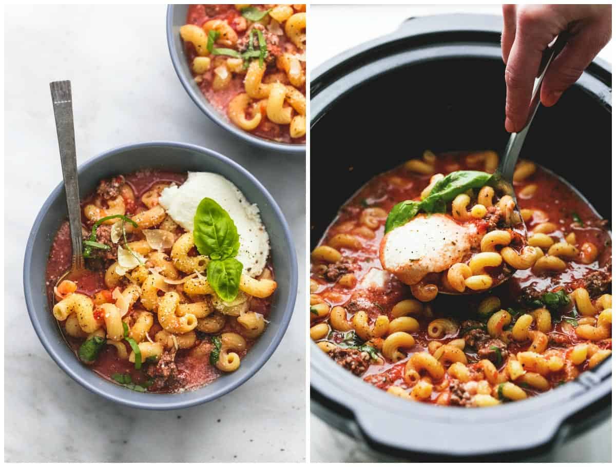 side by side images of slow cooker lasagna soup being scooped out of a slow cooker and in a bowl.