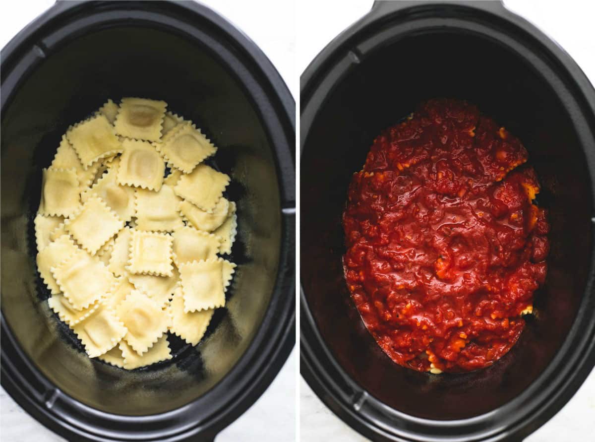 side by side images of ravioli in a slow cooker and ravioli with sauce on top in a slow cooker.