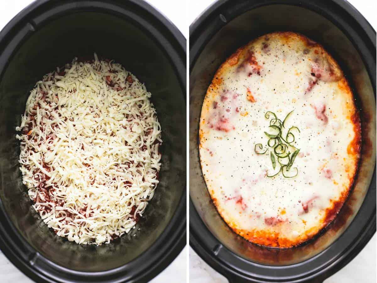 side by side images of slow cooker ravioli lasagna uncooked and cooked in a slow cooker.