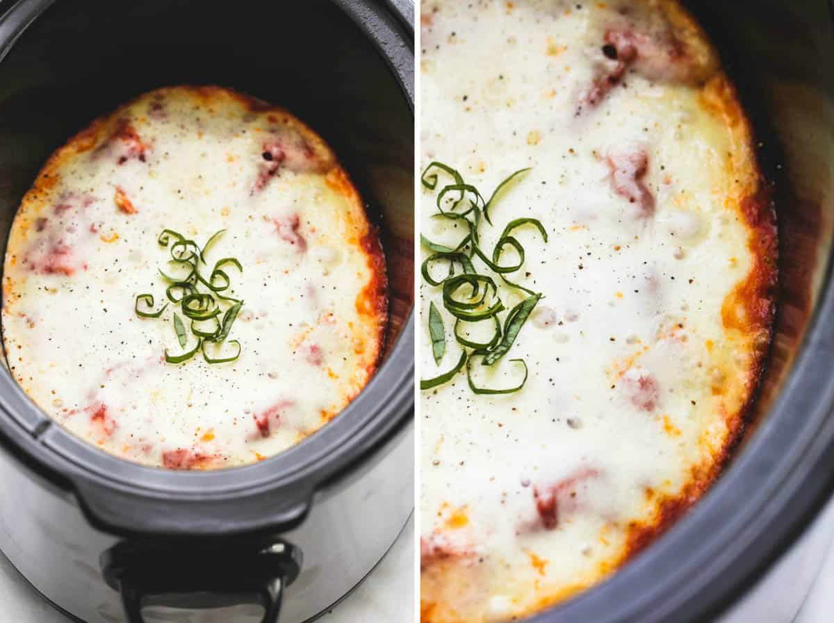 side by side images of slow cooker ravioli lasagna close up and far away in a slow cooker.