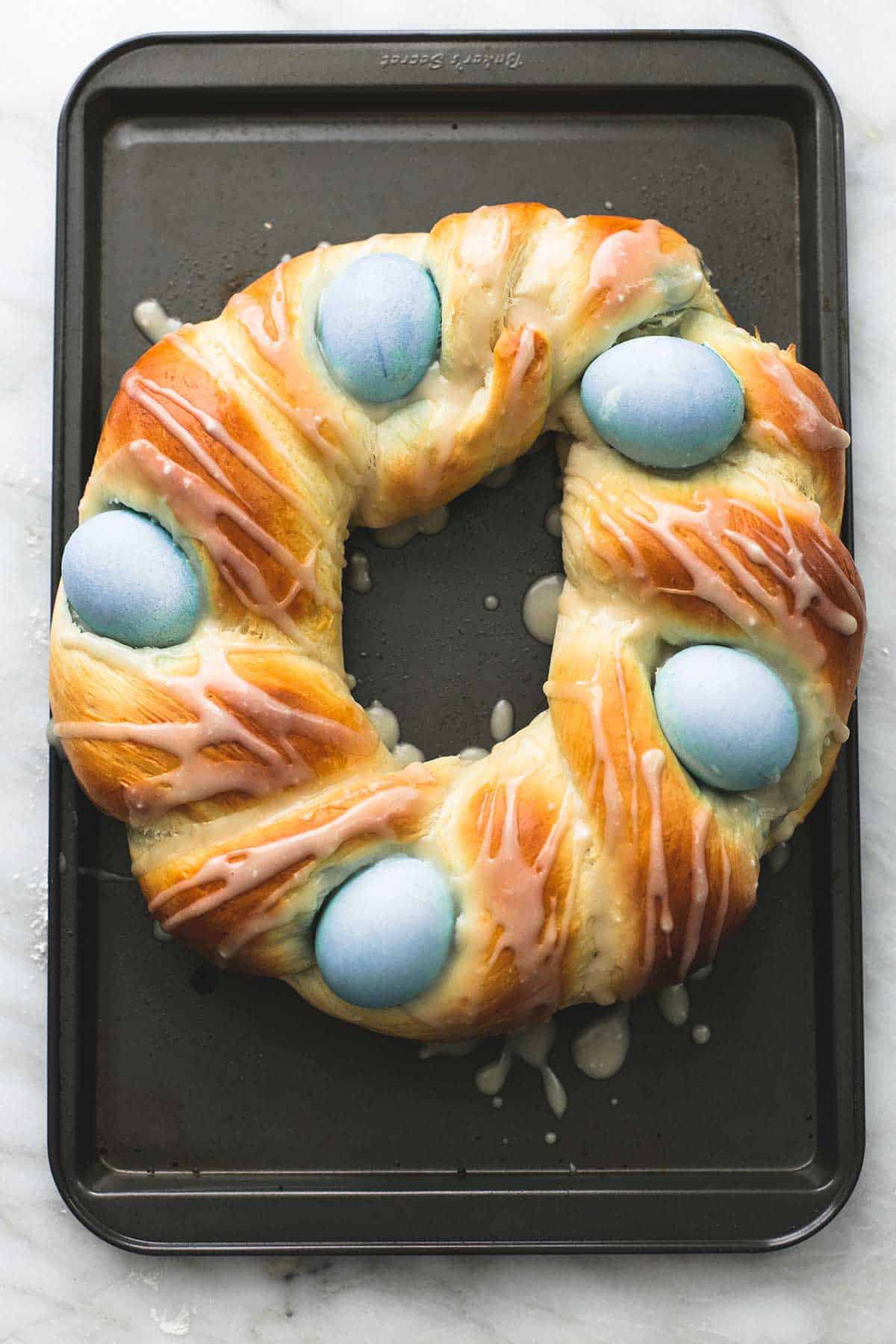 top view of Easter nest almond ring on a baking sheet.