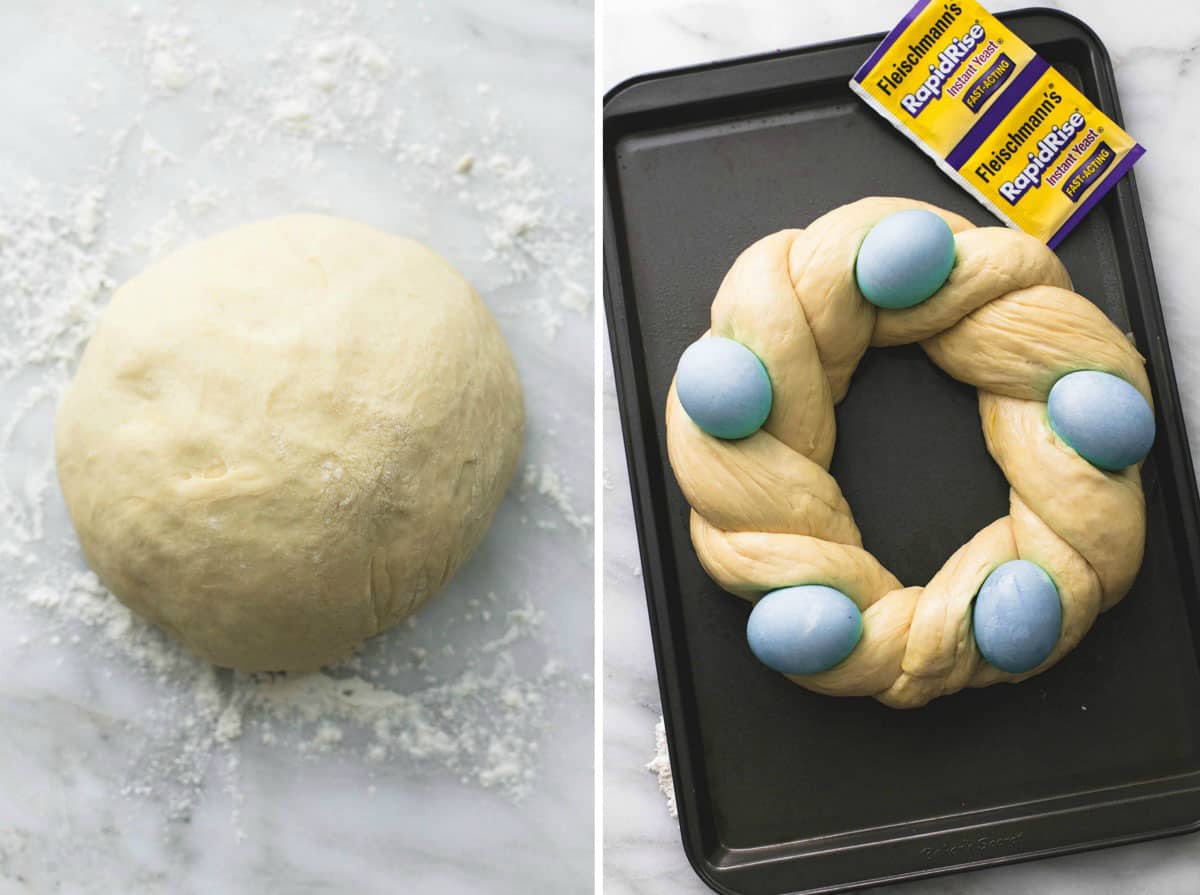 side by side images of Easter nest almond ring dough and unbaked on a baking sheet with yeast packages on the side.