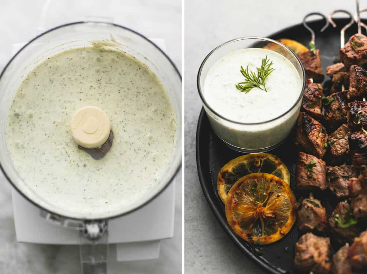side by side images of tzatziki sauce in a blender and beef Souvlaki kebabs with tzatziki sauce on a plate.
