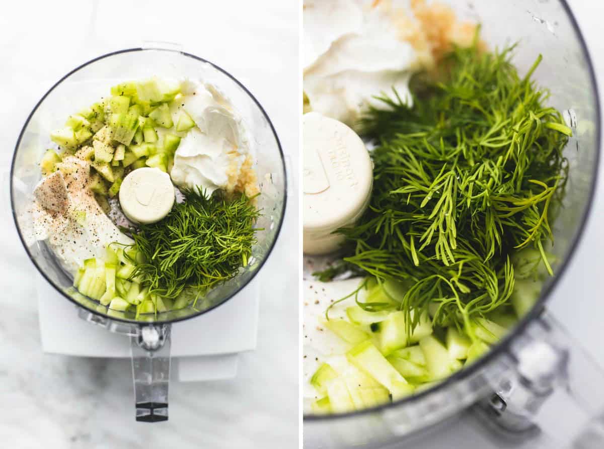 side by side images of tzatziki sauce ingredients in a blender.