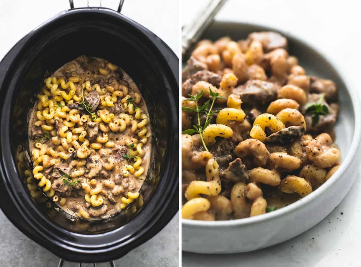 side by side images of slow cooker creamy beef stroganoff in a slow cooker and on a plate.