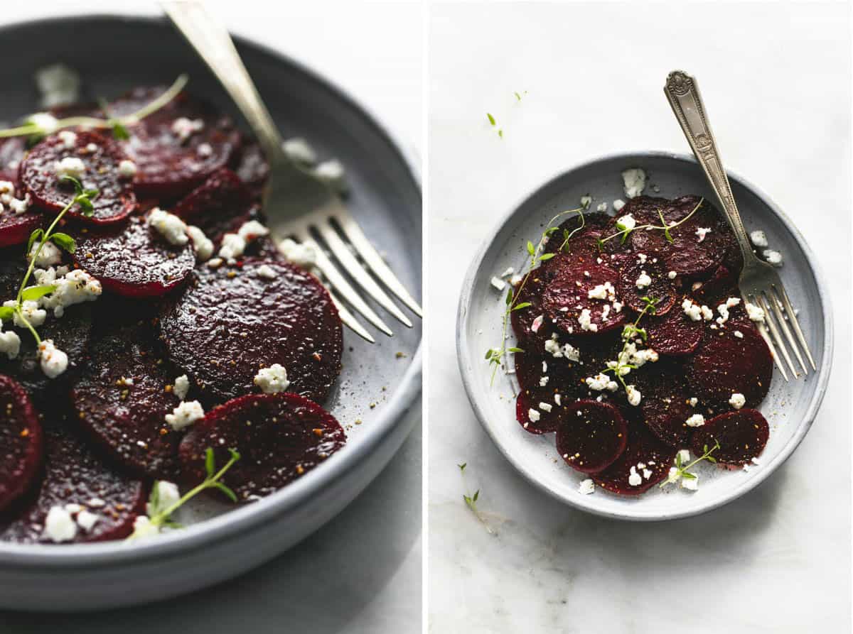 side by side images of roasted beets with goat cheese with a fork on a plate.