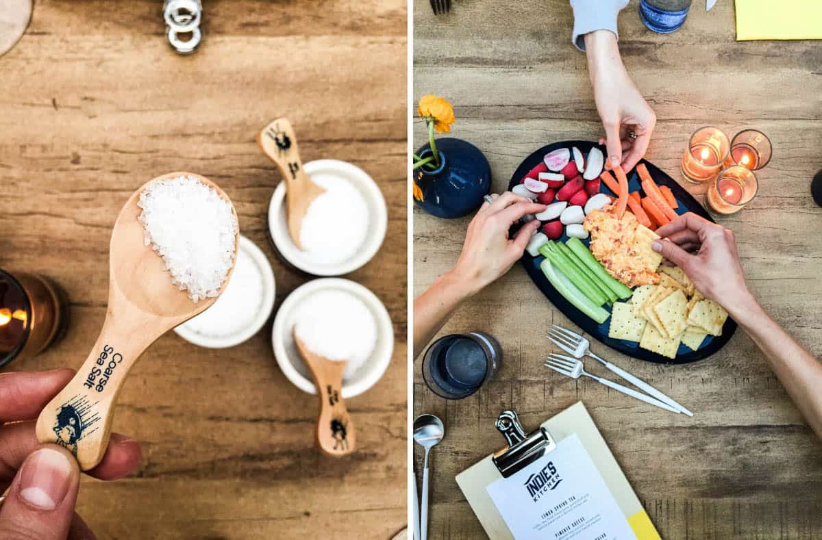 side by side images of a hand holding up a tablespoon of salt above bowls and more tablespoons of salt and hands grabbing veggies and crackers from a veggie tray.