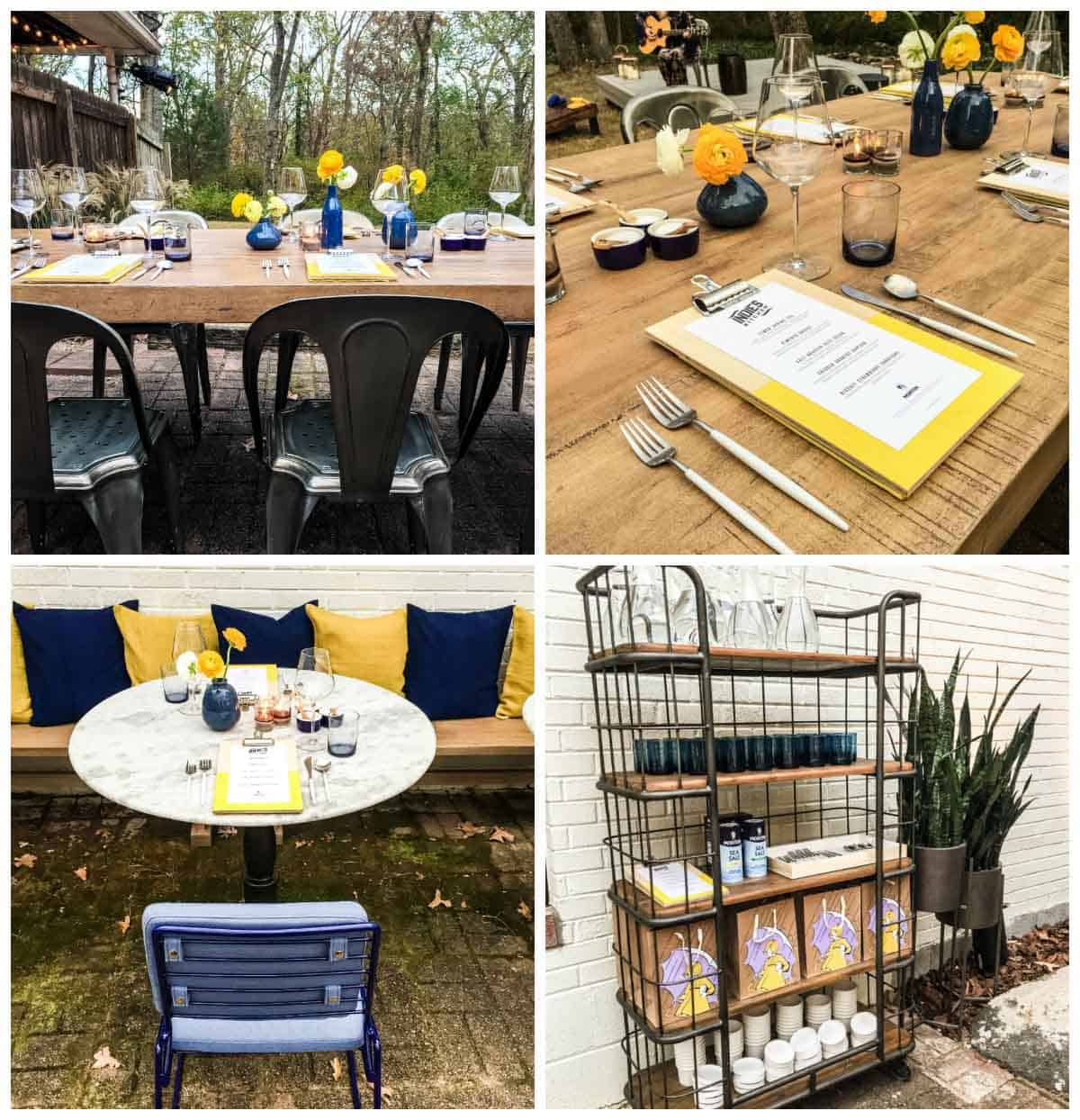 collage of an outdoor table set, outdoor bench with round table and outdoor bakers shelf.