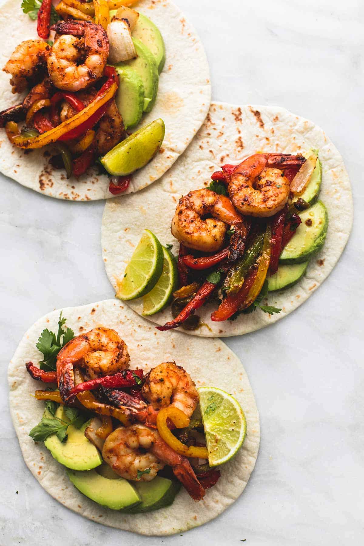 top view of Chili lime shrimp fajitas.