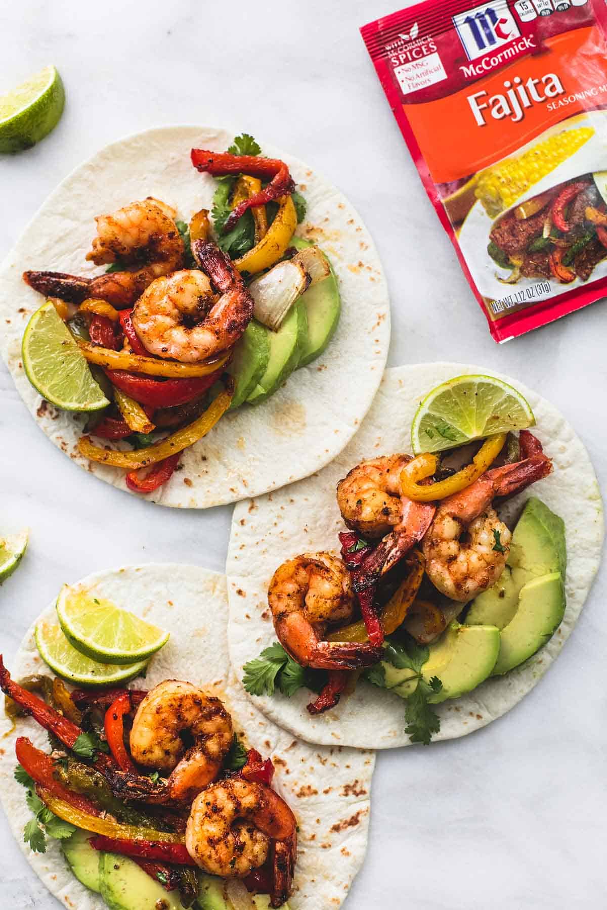 top view of Chili lime shrimp fajitas with a fajita package on the side.