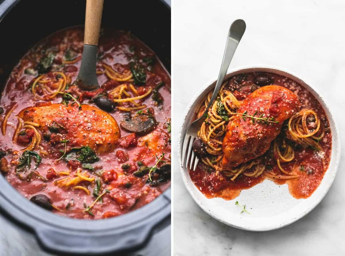 side by side images of slow cooker chicken cacciatore with a serving spoon in a slow cooker and on a plate with a fork.