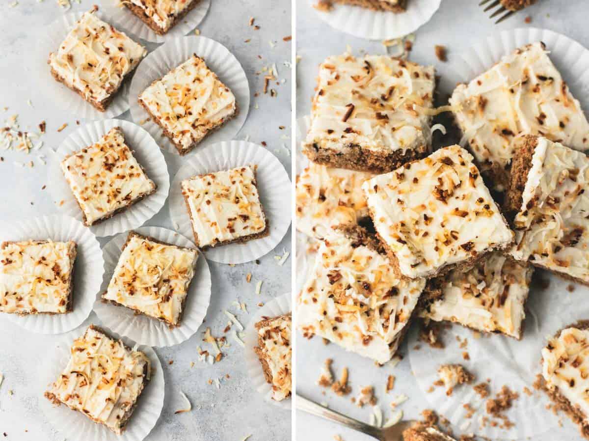 side by side images of carrot cake bars with coconut cream cheese frosting on cupcake liners and in a pile.