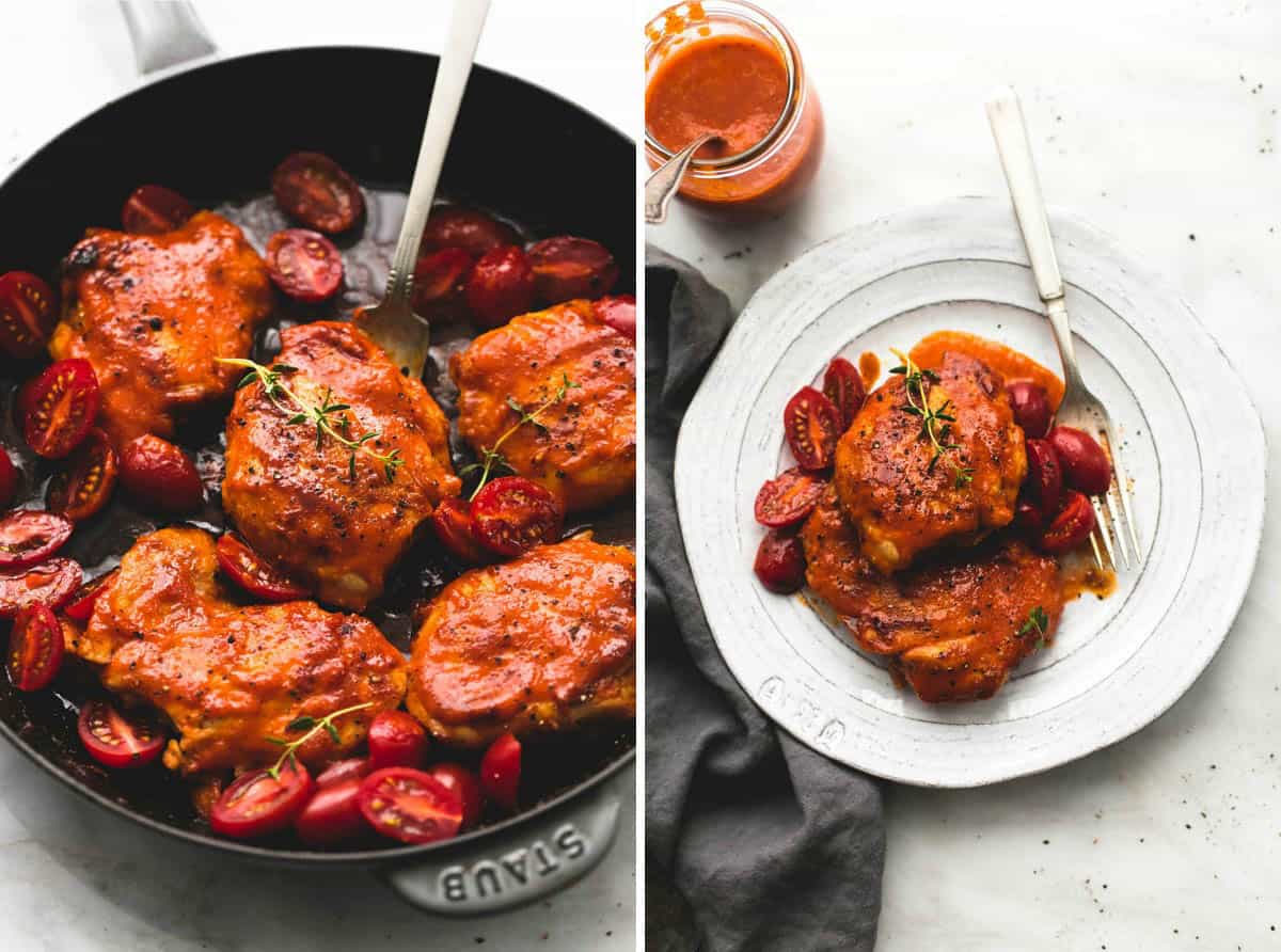 side by side images of Catalina chicken in a pan and on a plate.