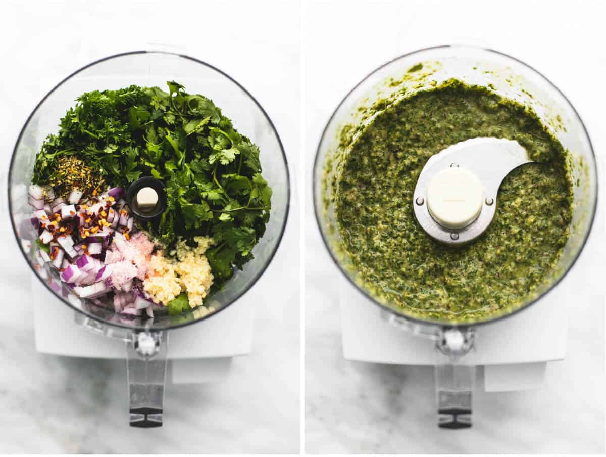side by side images of chimichurric sauce ingredients not blended and blended in a food processor.
