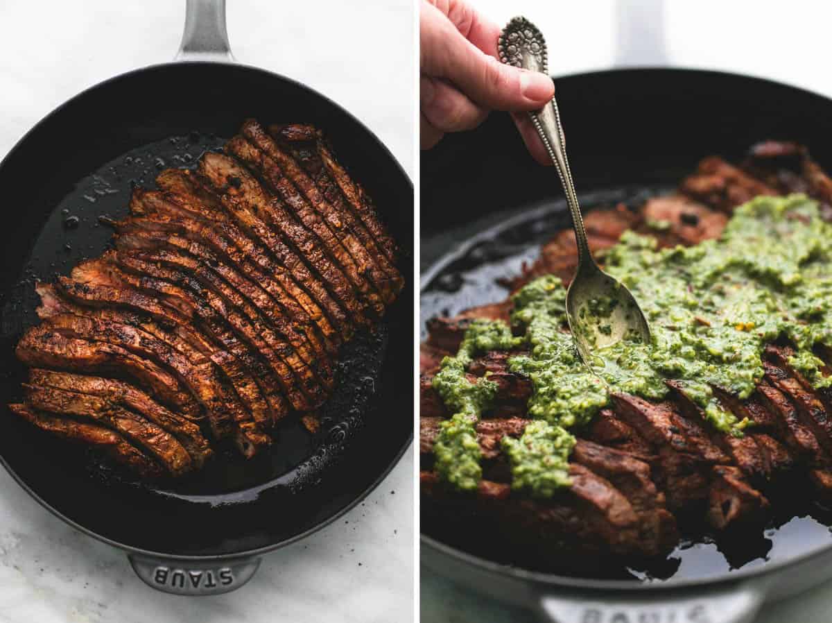 side by side images of flank steak in a skillet and a hand putting chimichurri sauce on a flank steak in a skillet.