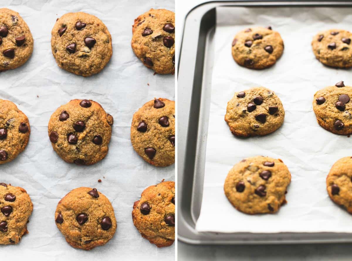 side by side banana chocolate chip cookies in rows and on a baking sheet.