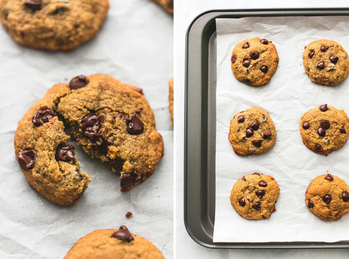 side by side images with a banana chocolate chip cookie split in half and on a baking sheet.