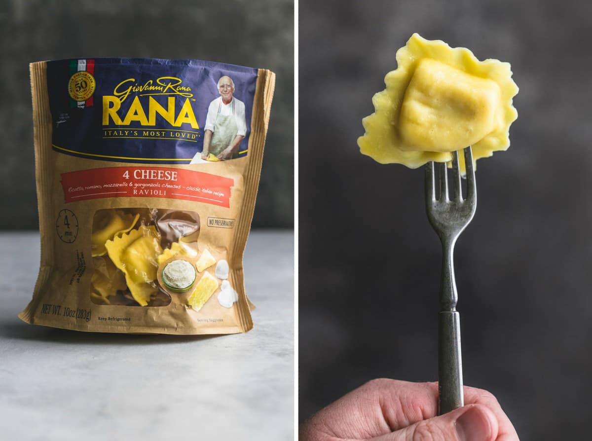 side by side images of a Rana ravioli and a ravioli being held up on a fork.