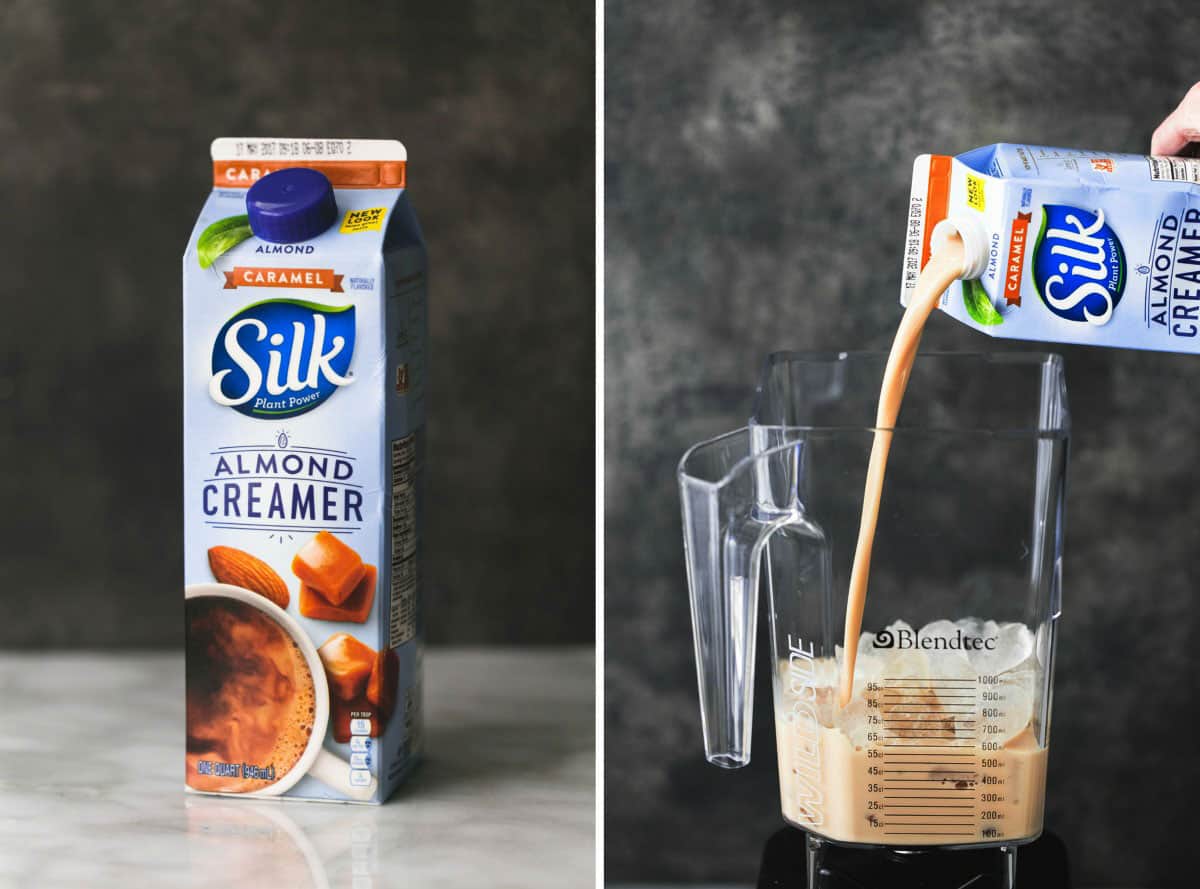 a container of Silk almond creamer and Silk almond creamer being poured into a blender.