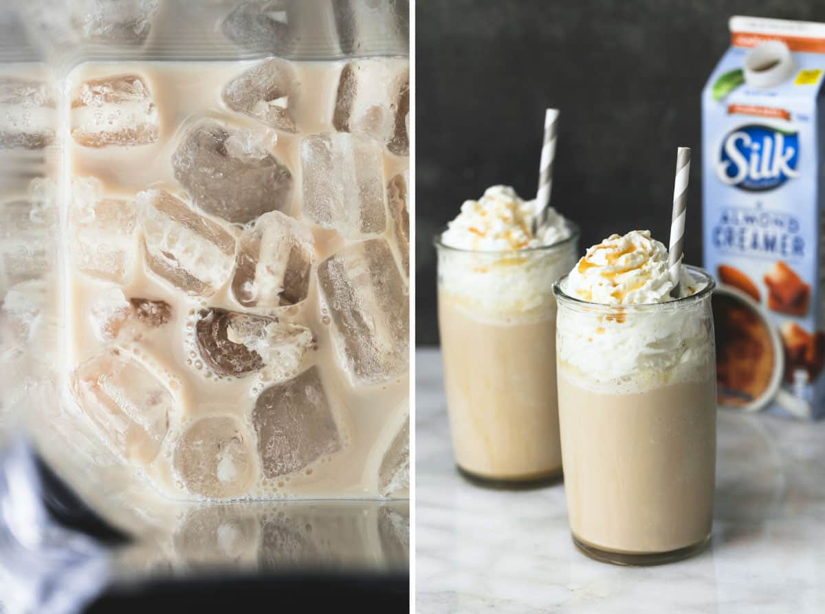 side by side images of salted caramel frappuccino (no coffee) in a blender and in glass with straws with a Silk almond creamer container in the background.