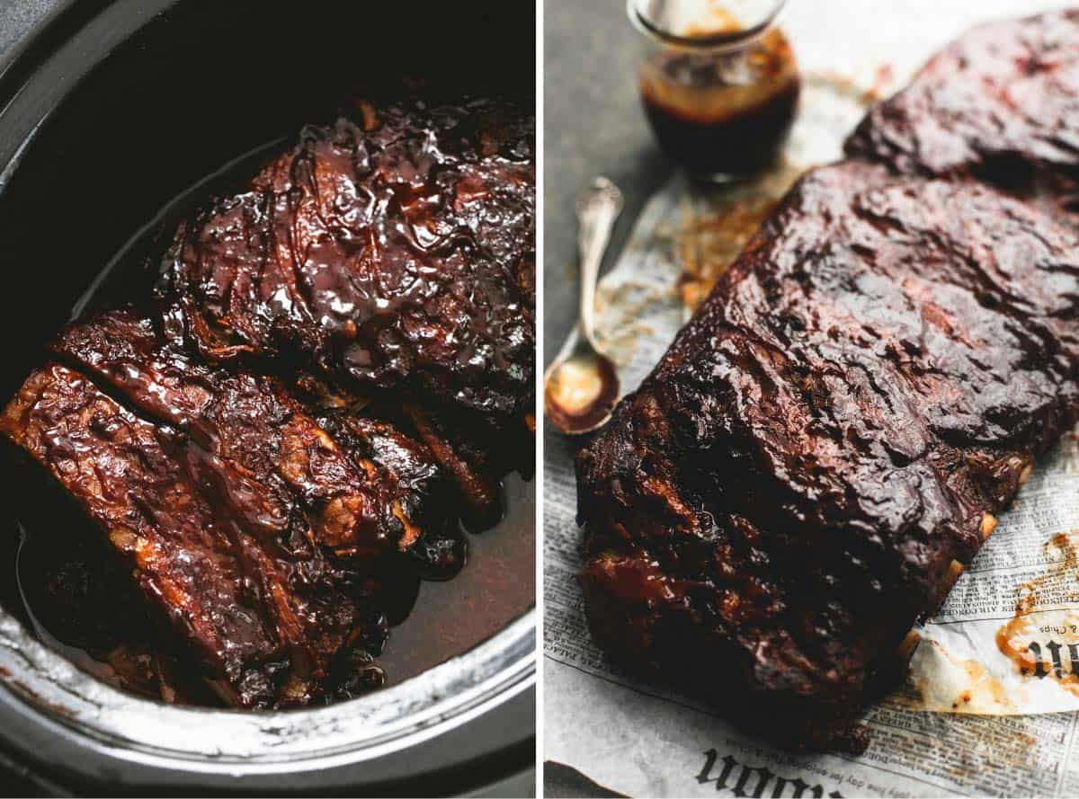 side by side images of slow cooker bbq ribs in a slow cooker and on newspaper with a spoon and a jar of sauce on the side.