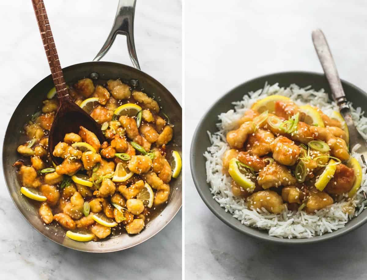 side by side images of sticky Chinese lemon chicken in a pan and on rice on a plate.