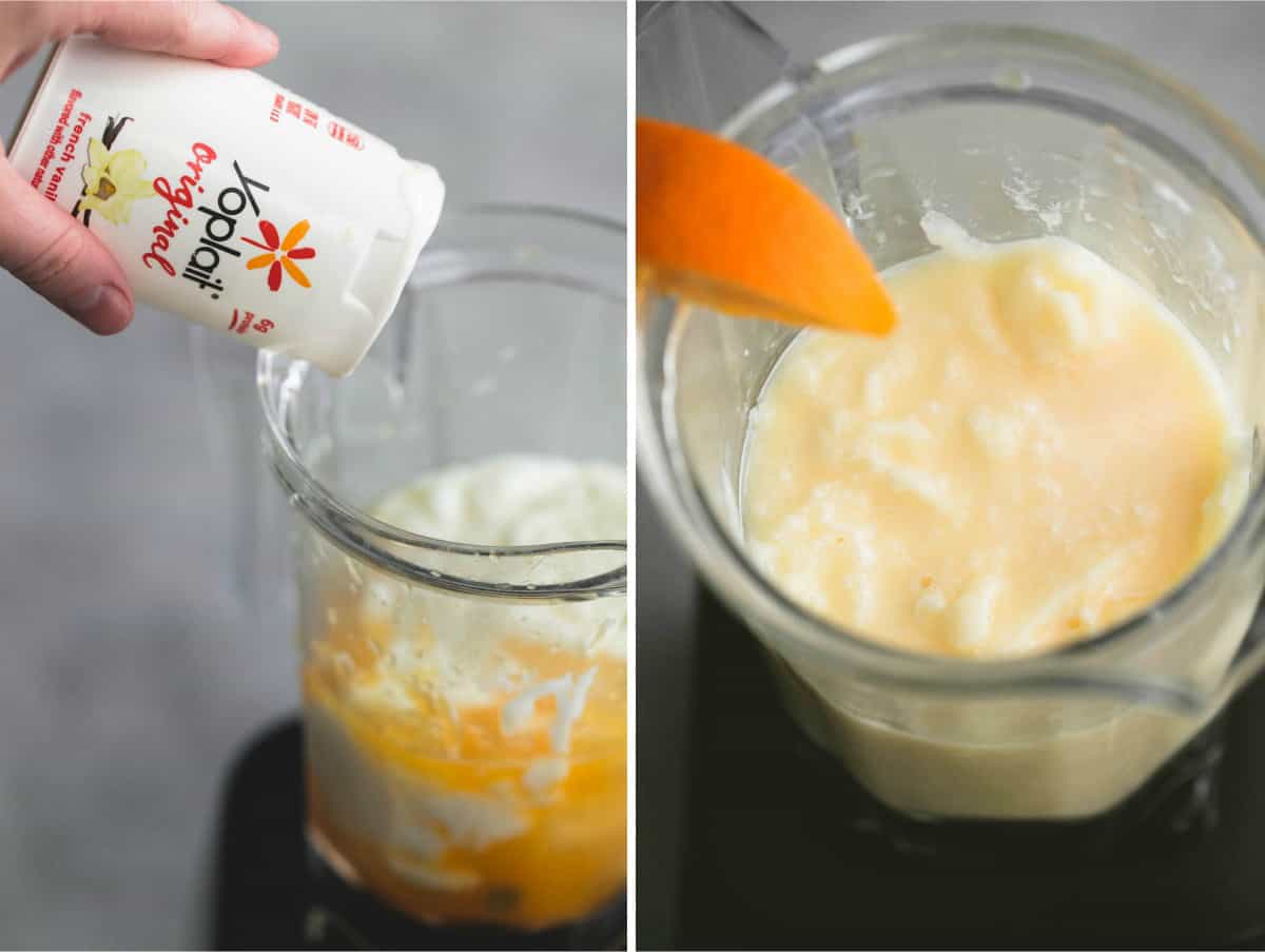 side by side images of a Yoplait container being poured into a blender and orange julius in a blender.