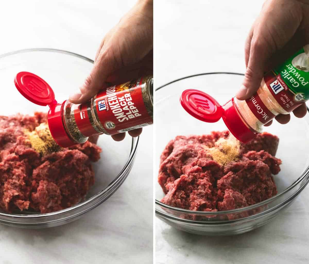 side by side images of California club burger meat in a glass bowl with spices being poured on top.