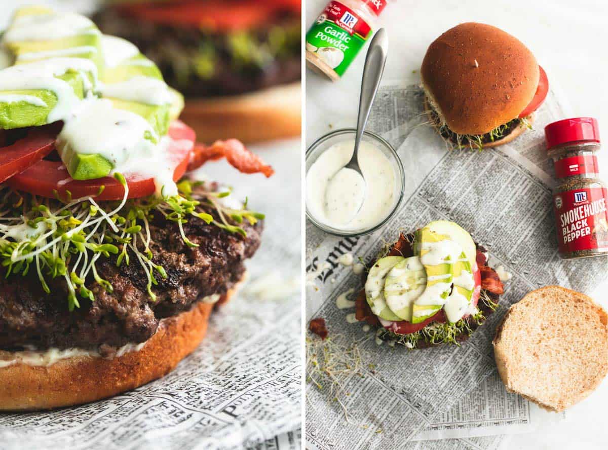 side by side images of a California club burger without the top bun with another burger, containers of spices and a bowl of ranch on the side.