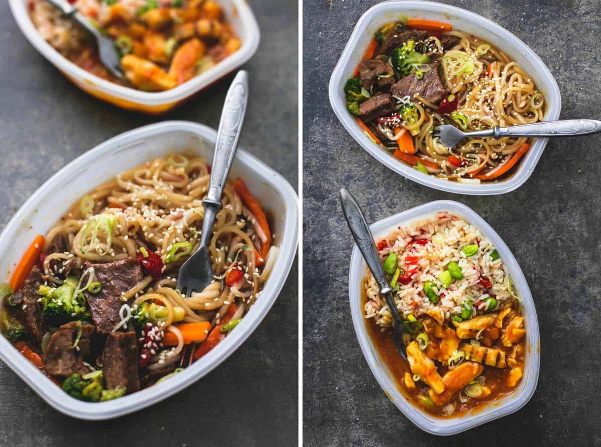 side by side images of roasted Asian vegetable medley in serving trays with rice, noodles, or chicken.