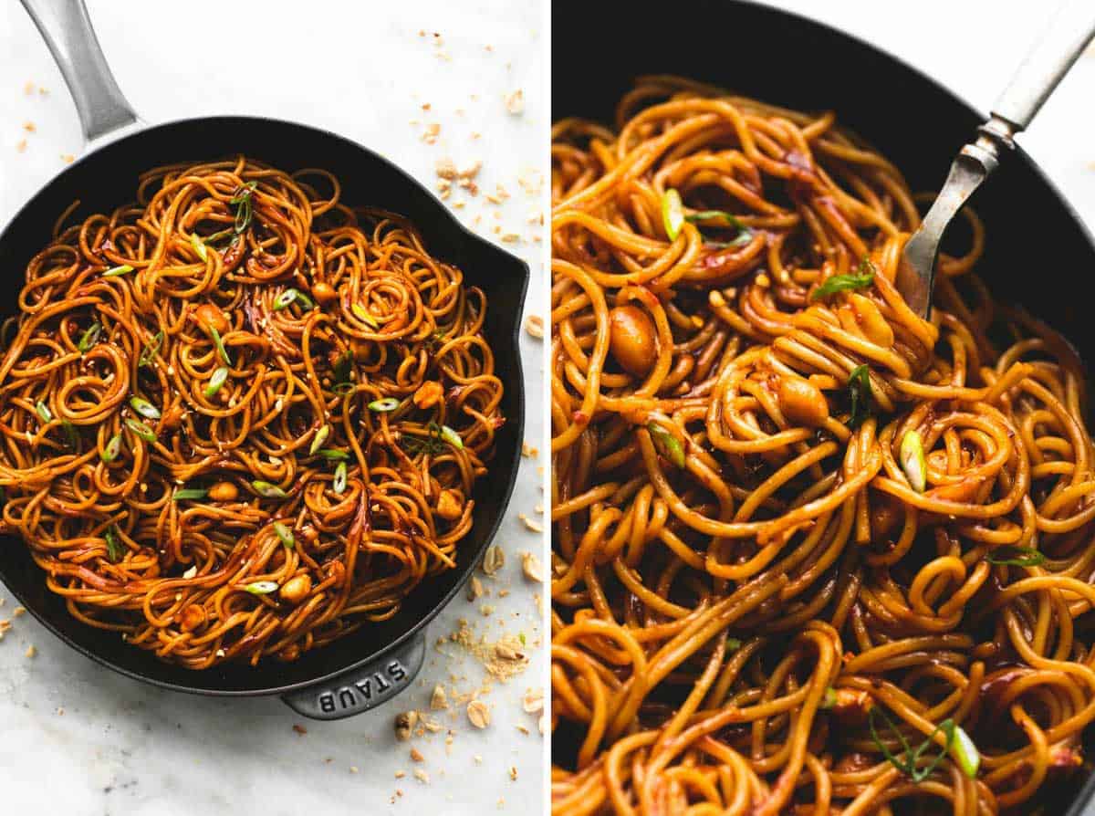 side by side images of kung pao noodles in a pan.