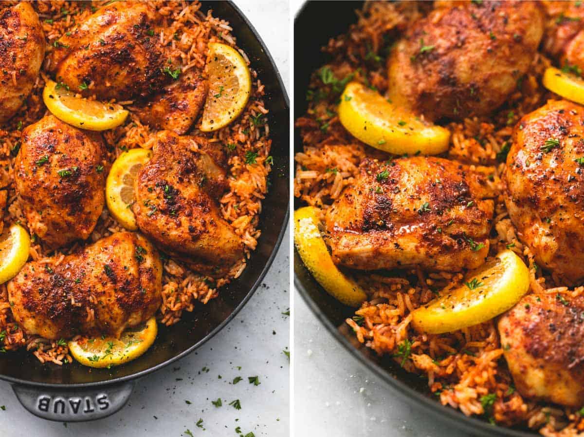 side by side images of Spanish chicken and rice in a pan.