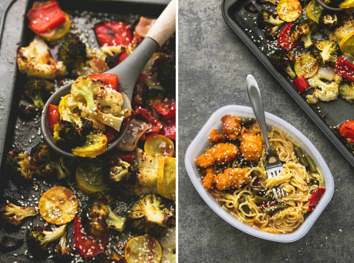 side by side images of roasted Asian vegetable medley on a baking sheet and in a serving container with chicken.