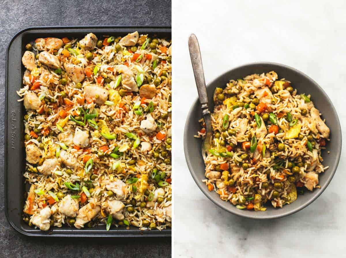 side by side images of sheet pan chicken fried rice in a sheet pan and in a bowl with a fork.