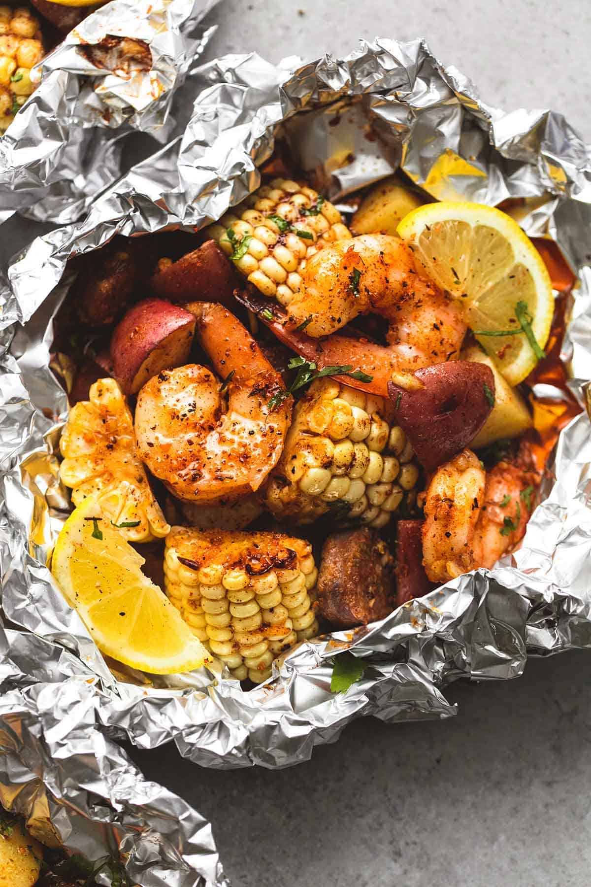 top view of a shrimp boil foil pack.