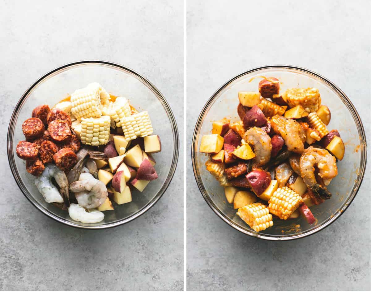 side by side images of shrimp boil foil packs ingredients in a glass bowl cooked and uncooked.