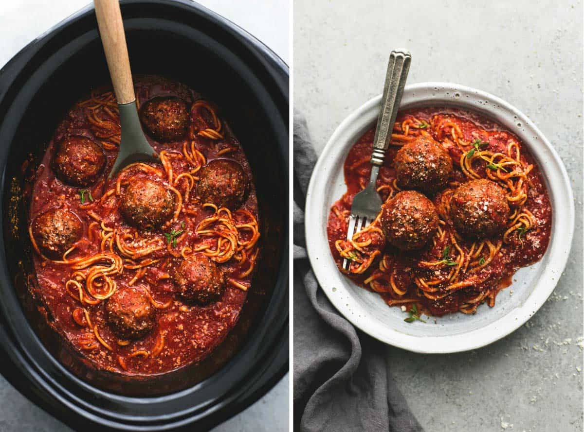 side by side images of slow cooker spaghetti and meatballs in a slow cooker and on a plate.