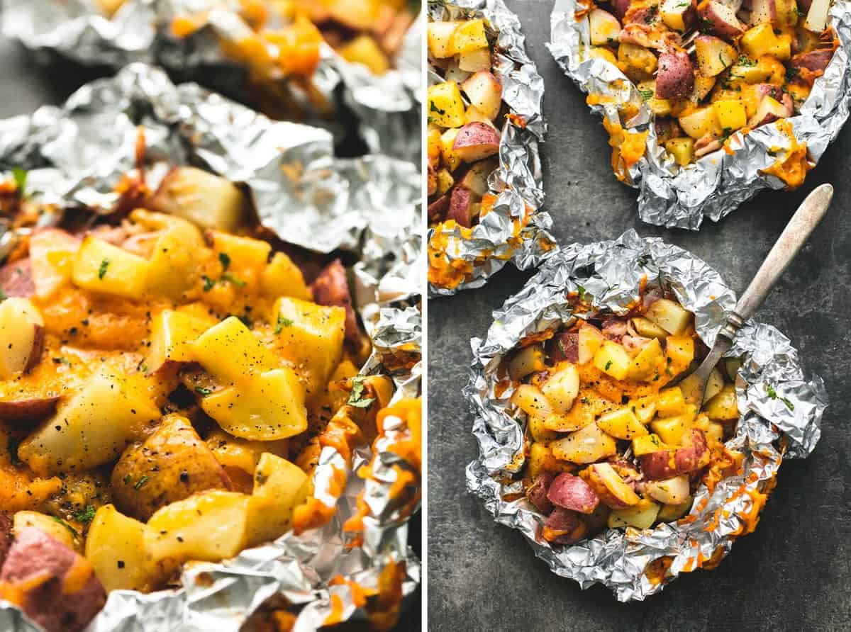 side by side images of bacon cheddar potatoes foil packs.