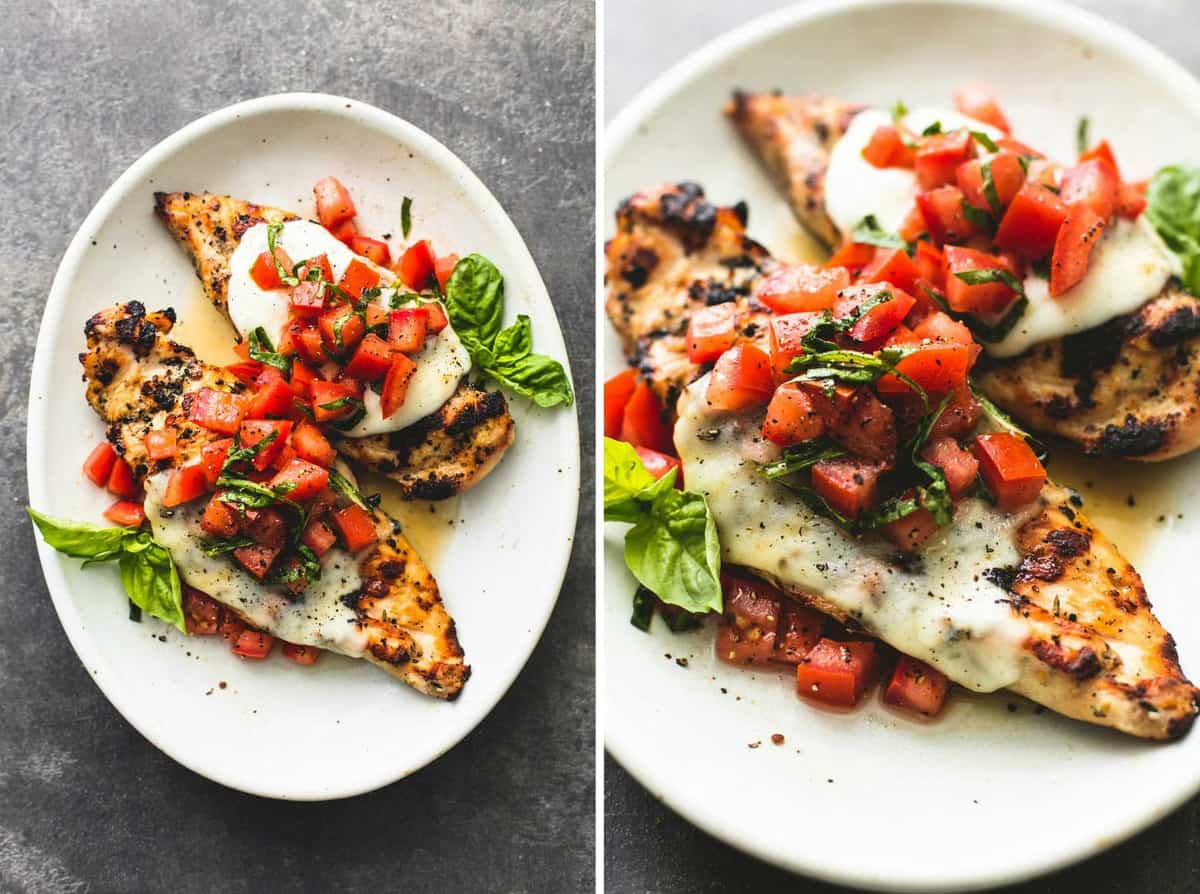 side by side images of grilled bruschetta chicken on a plate.
