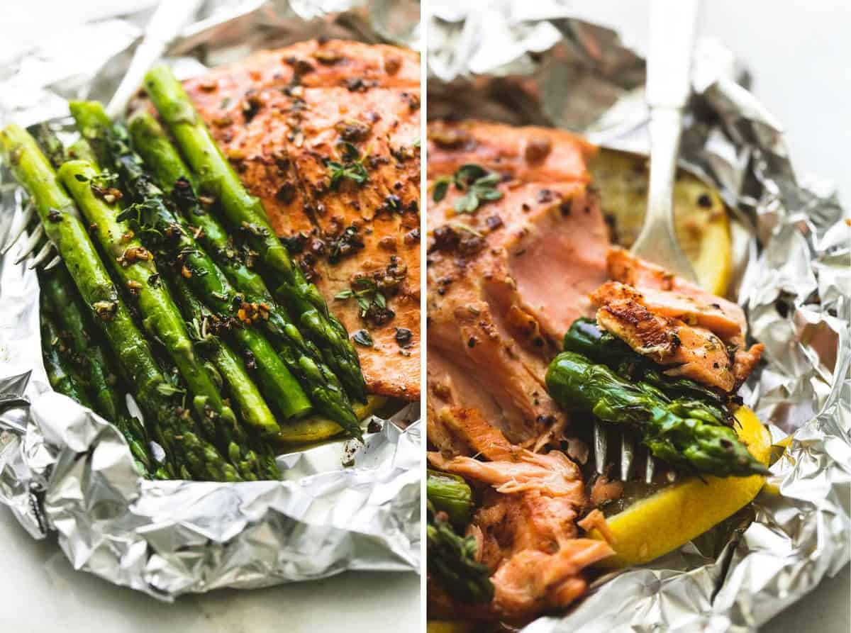 two up close images side by side showing cooked asparagus and salmon with lemon slices in an open foil packet