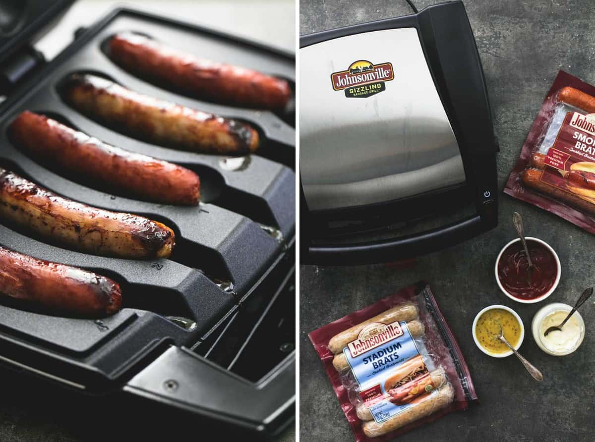 side by side images of sausages being grilled and bowls of sauces.