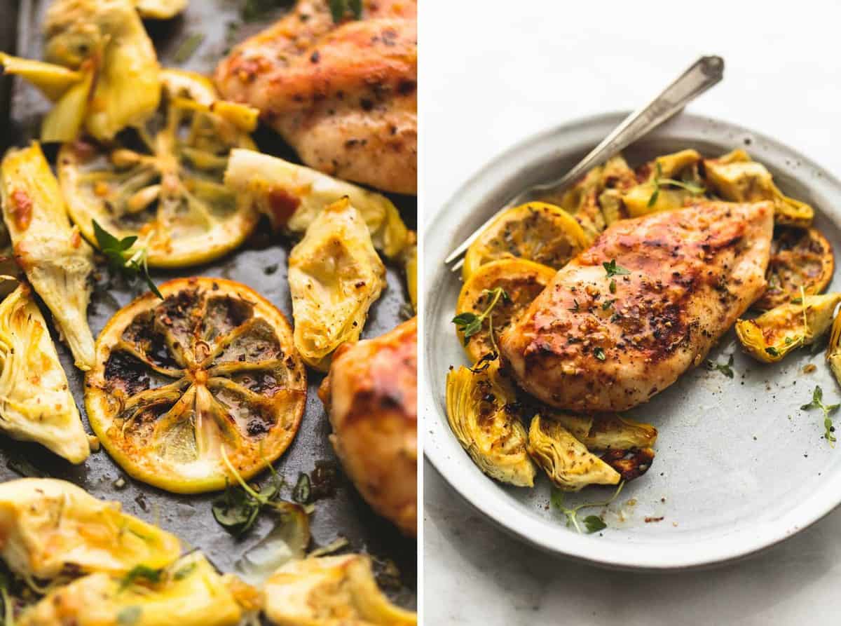 side by side images of baked lemon chicken and artichokes on a baking sheet and on a plate.