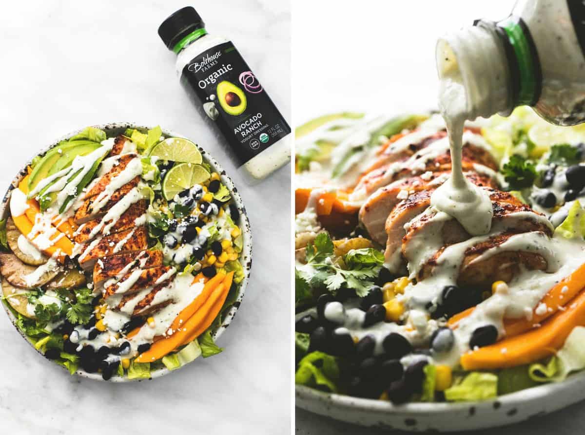 side by side images of Southwest mango pineapple chicken salad with a dressing bottle on the side and dressing being poured on top of the salad on a plate.