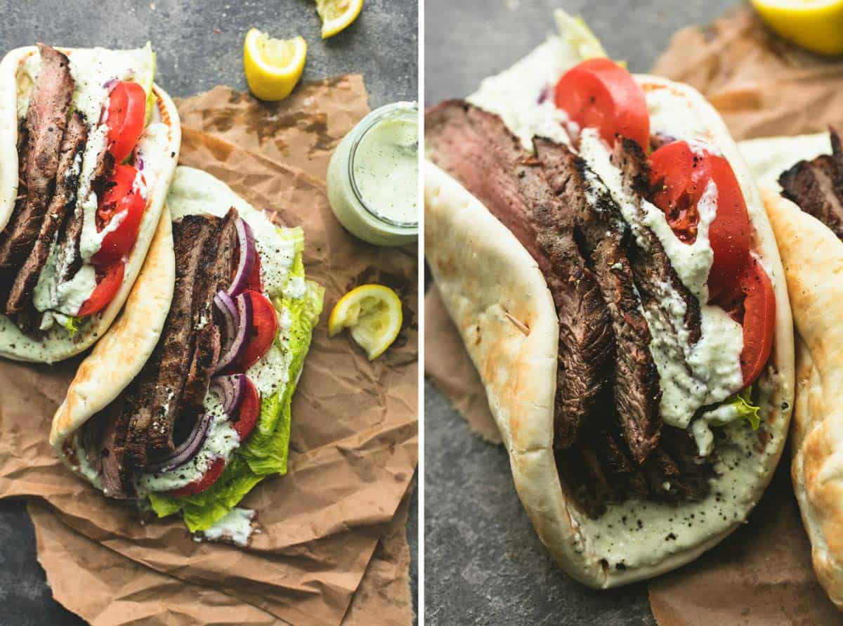 side by side images of steak gyros with tzatziki cucumber sauce.