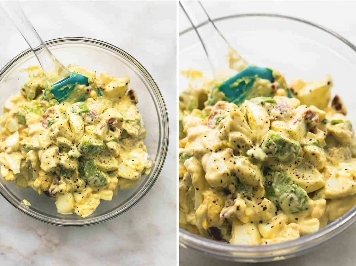 side by side images of bacon avocado egg salad with a rubber spatula in a glass bowl.