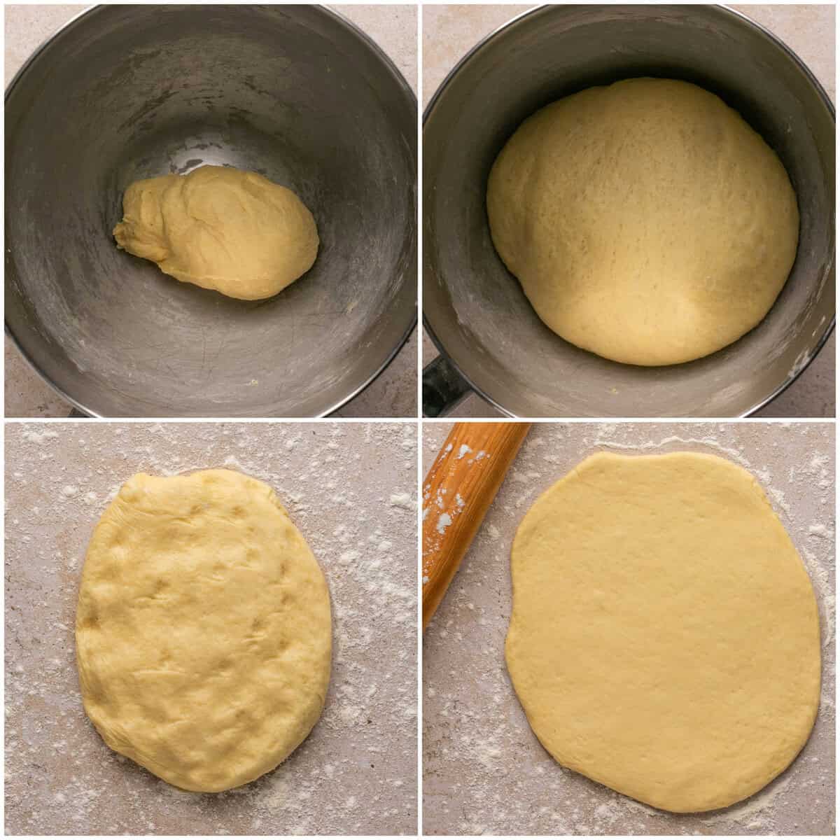 Steps 4-6 for prepping fried yeast donuts. 