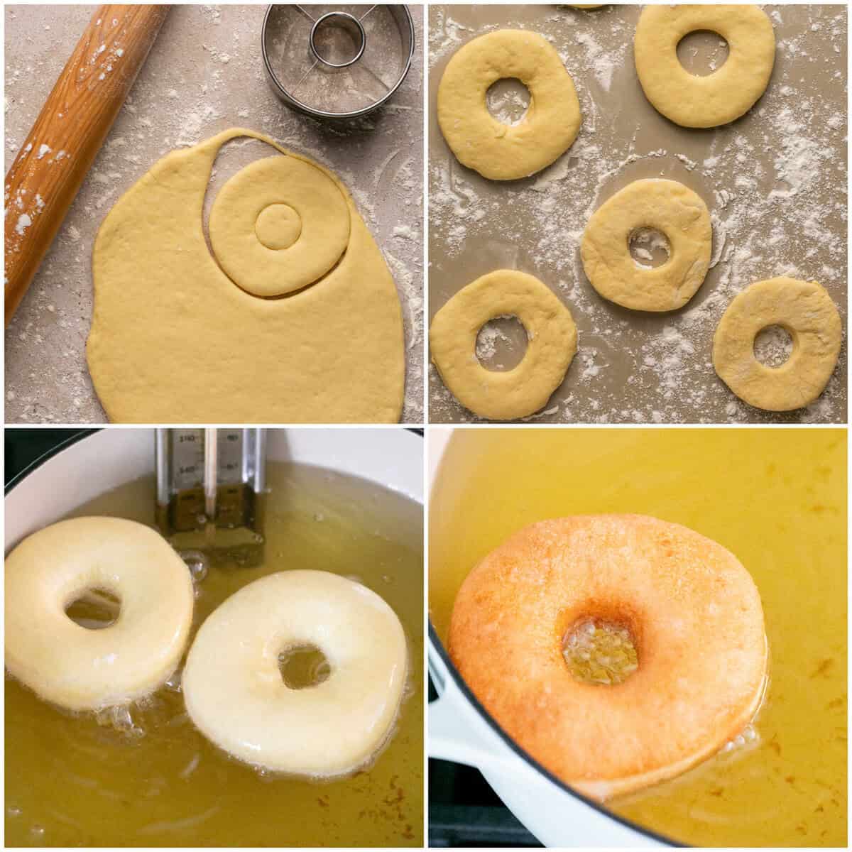 Steps 7-9 for prepping fried yeast donuts. 